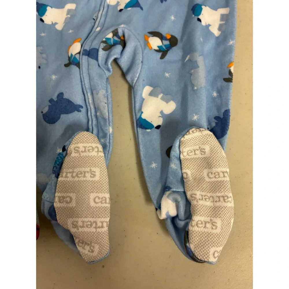 Carters 12M Fleece Footed Pajamas Set of 2 Fire Truck Polar Bear Blue Grey‎ PJs